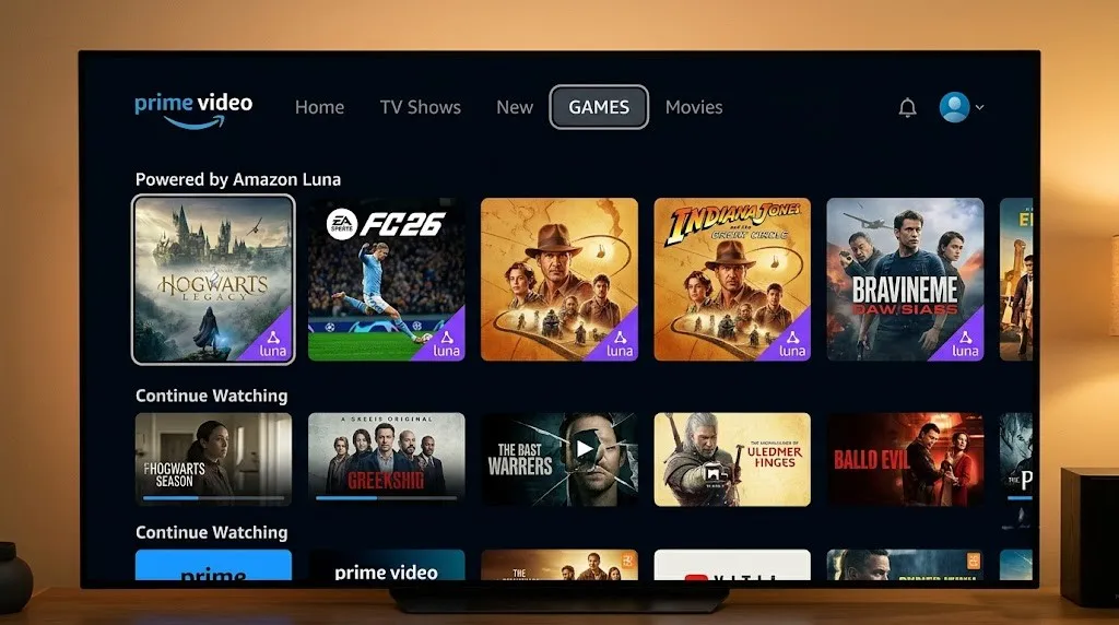 Prime Video interface displaying the new Games tab.