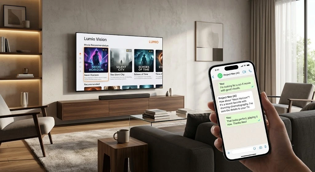 WhatsApp conversation with Lumio Project Neo recommending entertainment.