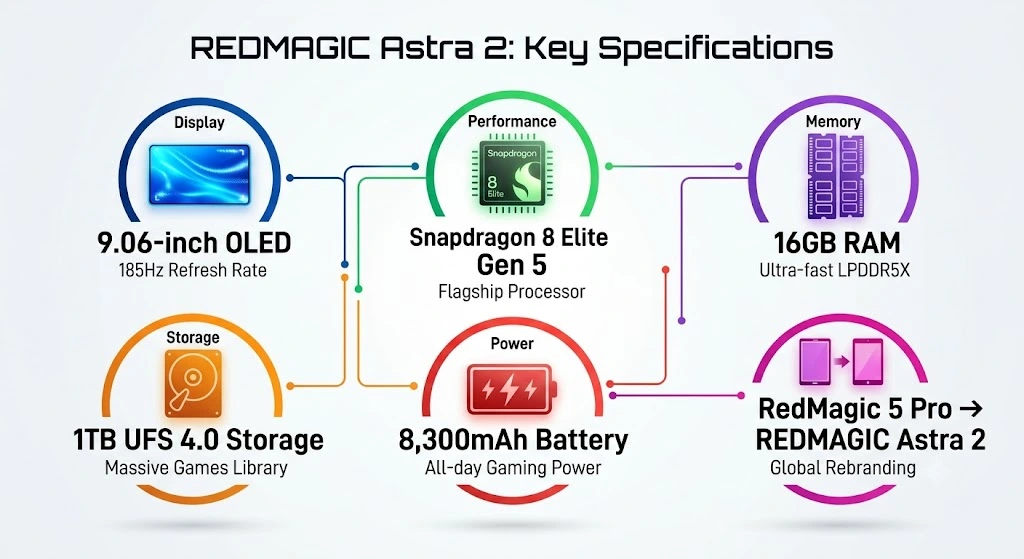 REDMAGIC Astra 2 hardware specifications infographic.
