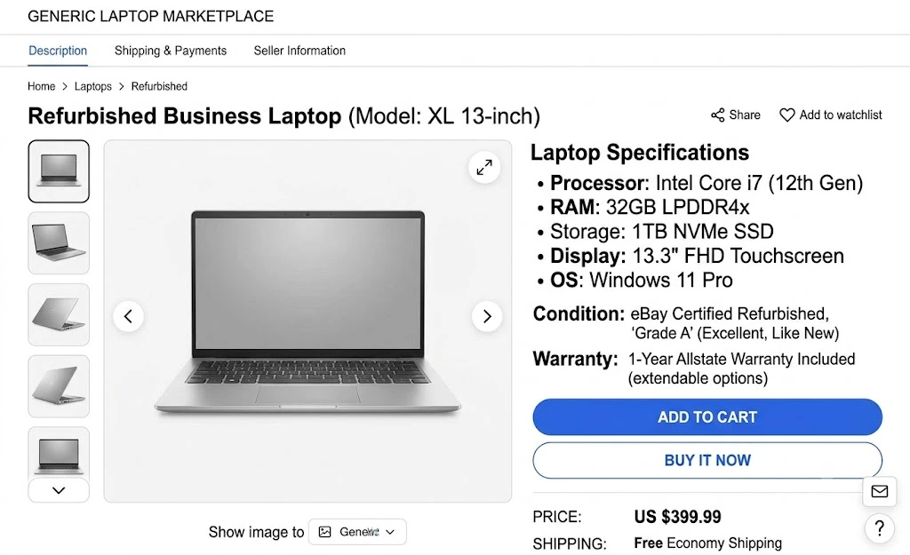 Example refurbished laptop product listing.