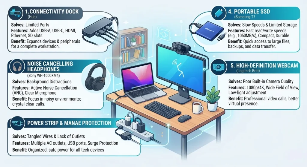 Remote work hardware categories including dock, headphones, power strip, SSD, and webcam.