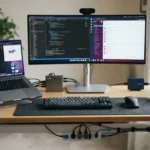 Modern remote work desk setup with laptop, dock, monitor, headphones, webcam, and portable SSD.