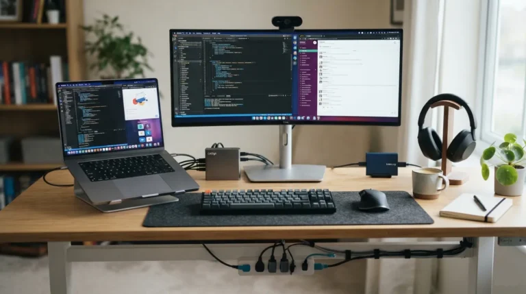 Modern remote work desk setup with laptop, dock, monitor, headphones, webcam, and portable SSD.