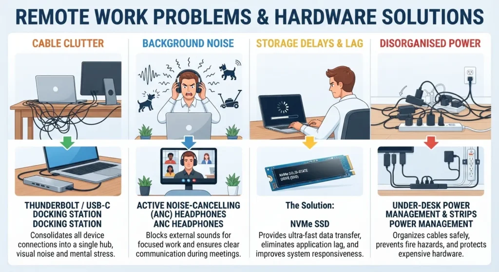 Comparison infographic showing remote work problems and hardware solutions.