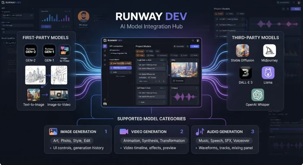 Illustration of Runway Dev connected to multiple AI models.