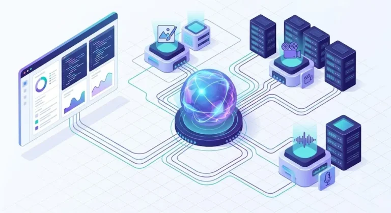 Illustration of Runway Media Router directing AI media requests across multiple models.