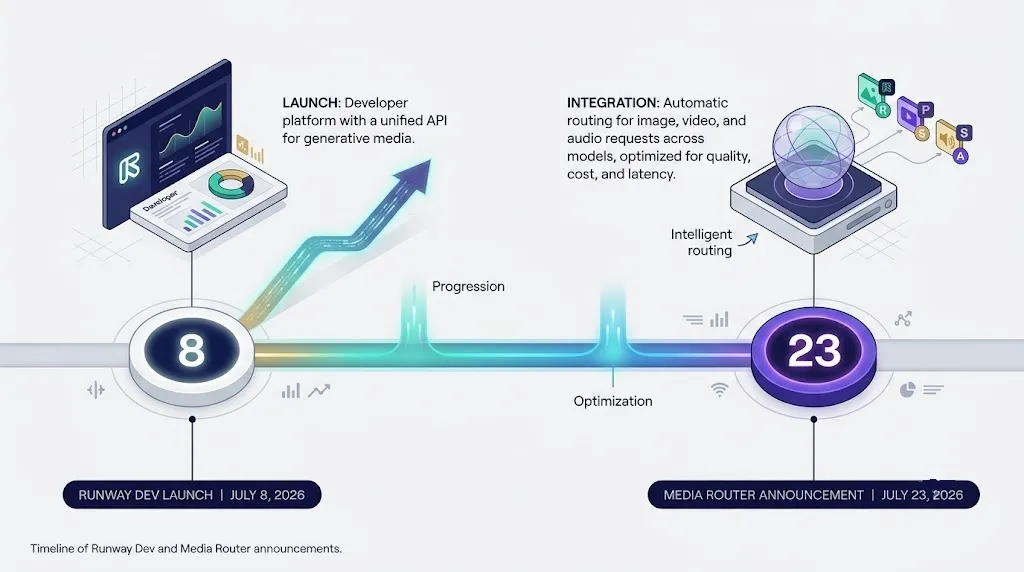 Timeline of Runway Dev and Media Router announcements.