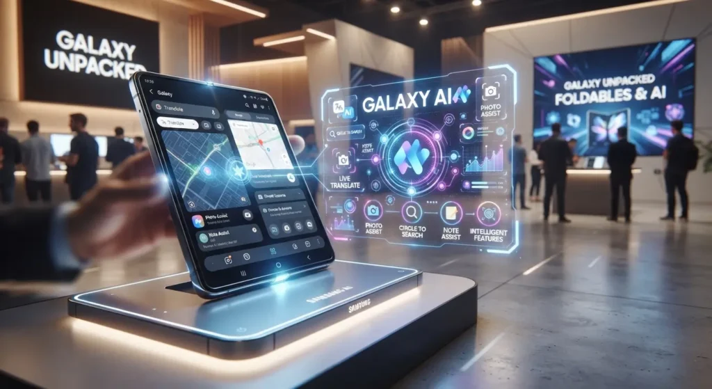 Concept illustration of Samsung foldable devices and AI experiences.
