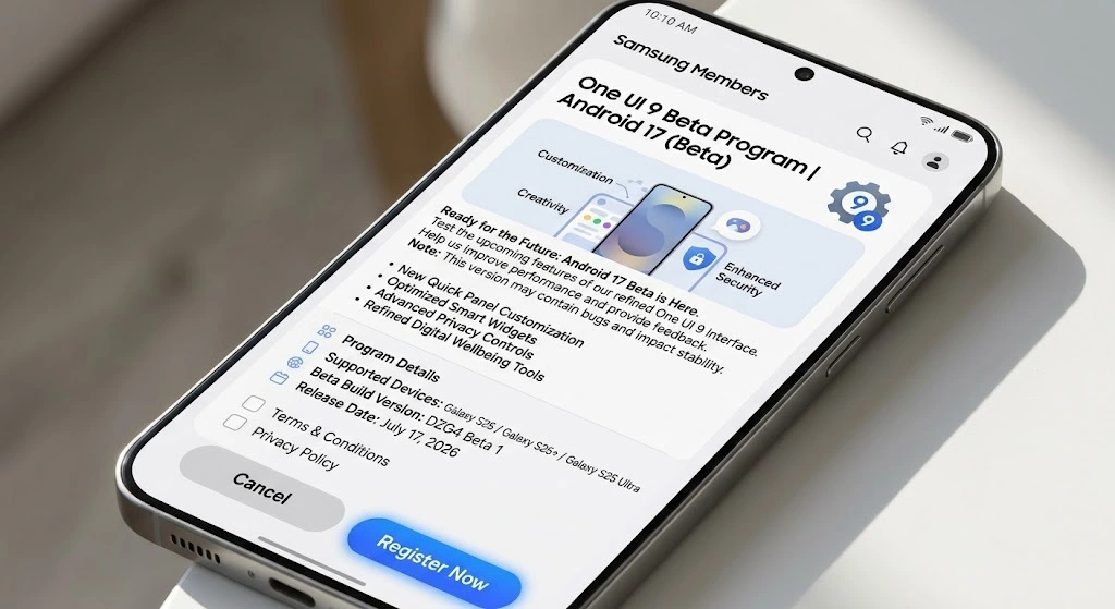 Samsung Members beta program registration interface.