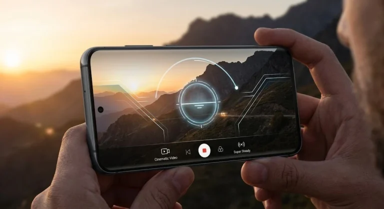 Samsung Galaxy smartphone showing One UI 9 camera stabilization concept.