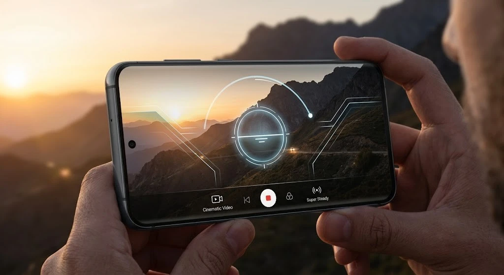 Samsung Galaxy smartphone showing One UI 9 camera stabilization concept.