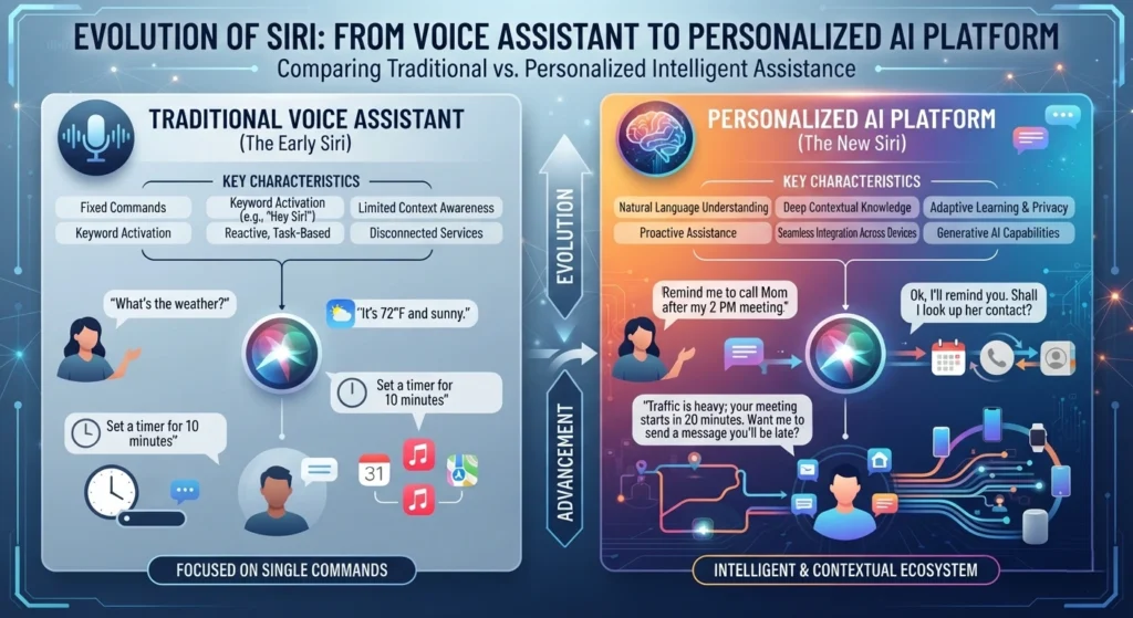 Infographic showing Siri evolution toward personalized Apple Intelligence AI experiences.