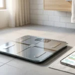 Modern smart scale paired with a smartphone displaying body composition metrics.