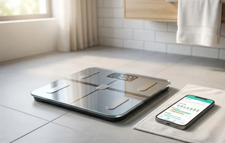 Modern smart scale paired with a smartphone displaying body composition metrics.
