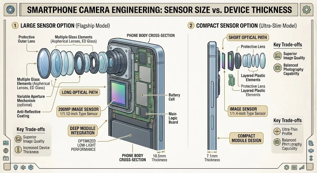 Illustration showing how smartphone camera sensor size affects lens requirements and device thickness.