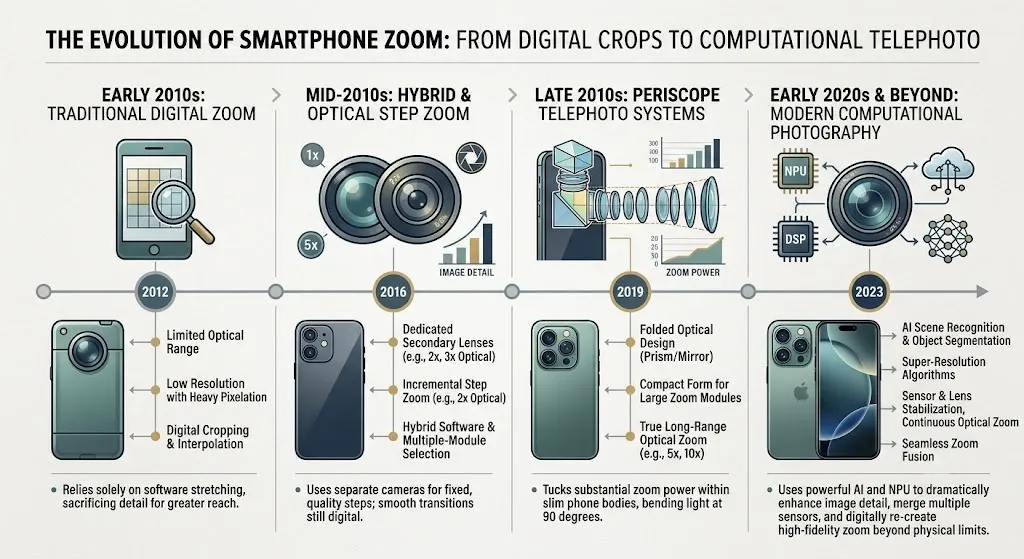 Timeline showing the evolution of smartphone zoom camera technology.
