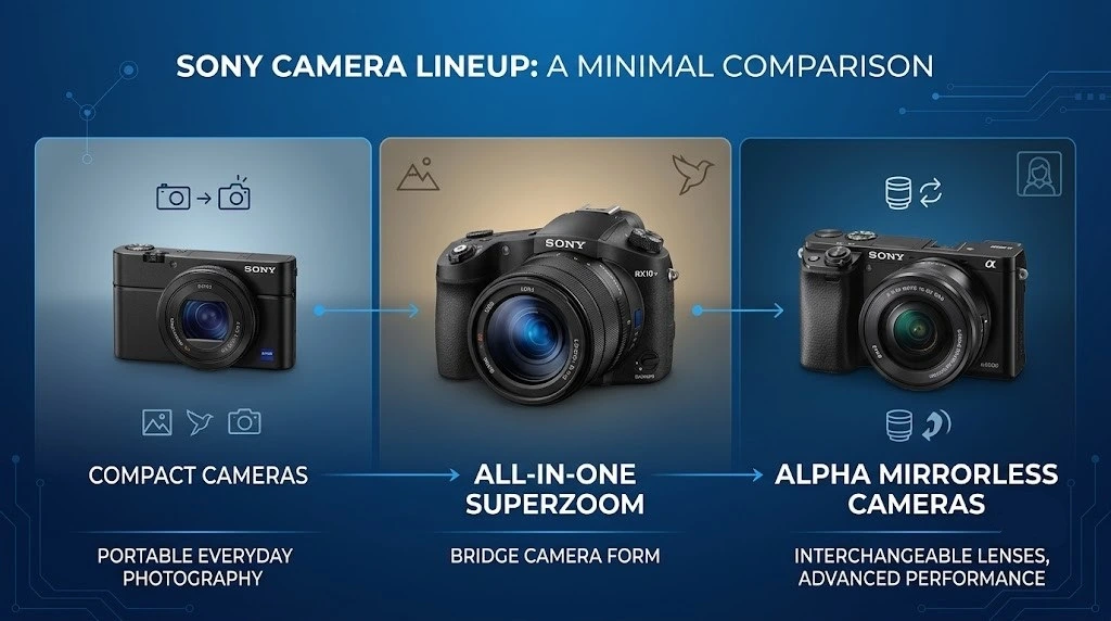 Comparison of Sony camera families highlighting the RX10 V.