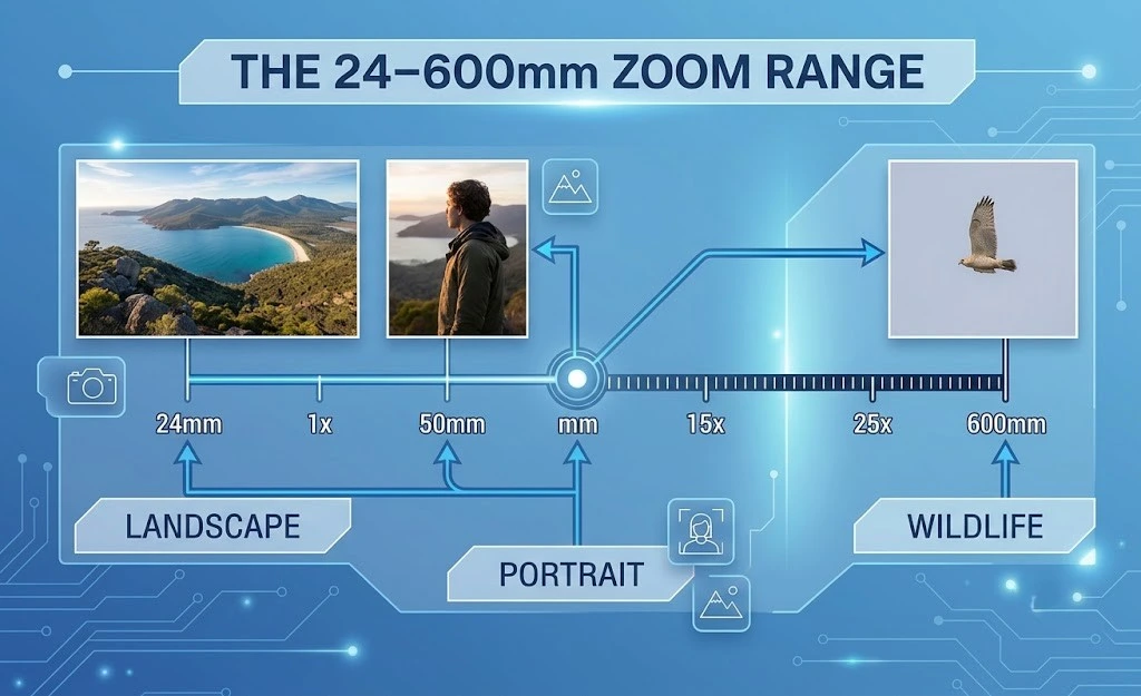 Illustration showing the Sony RX10 V's 24–600mm zoom range.