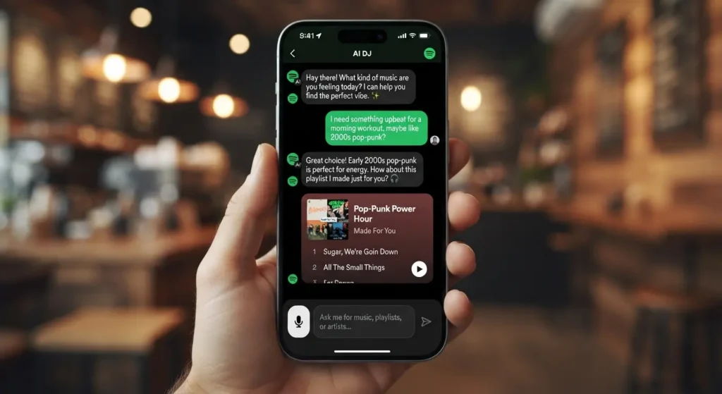 Example of a conversational AI music discovery interface inside Spotify. Spotify Talk to Spotify AI assistant