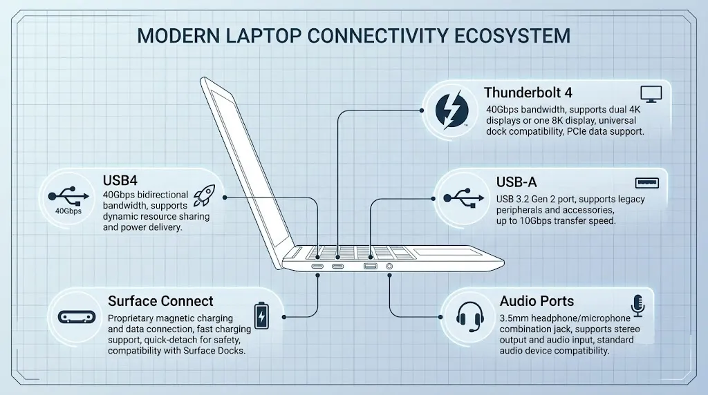 Surface Laptop ports and connectivity diagram.