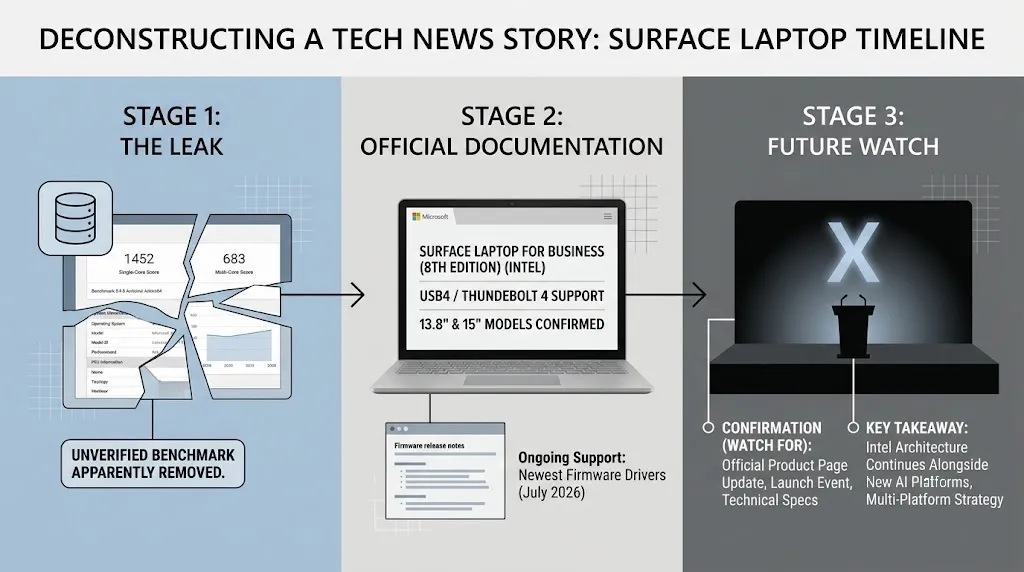 Timeline showing Surface Laptop leak and official confirmation process.