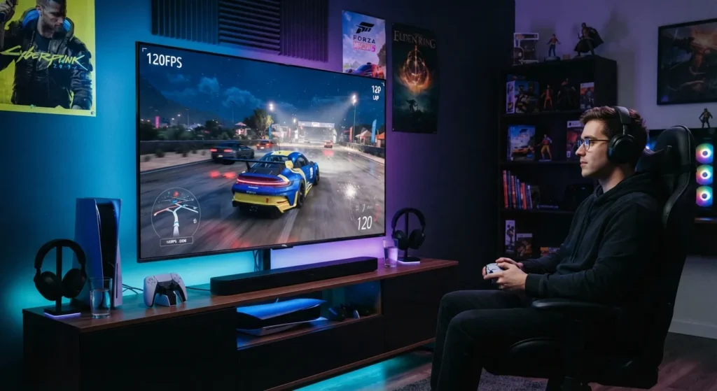Gaming setup featuring the TCL QM8L television.