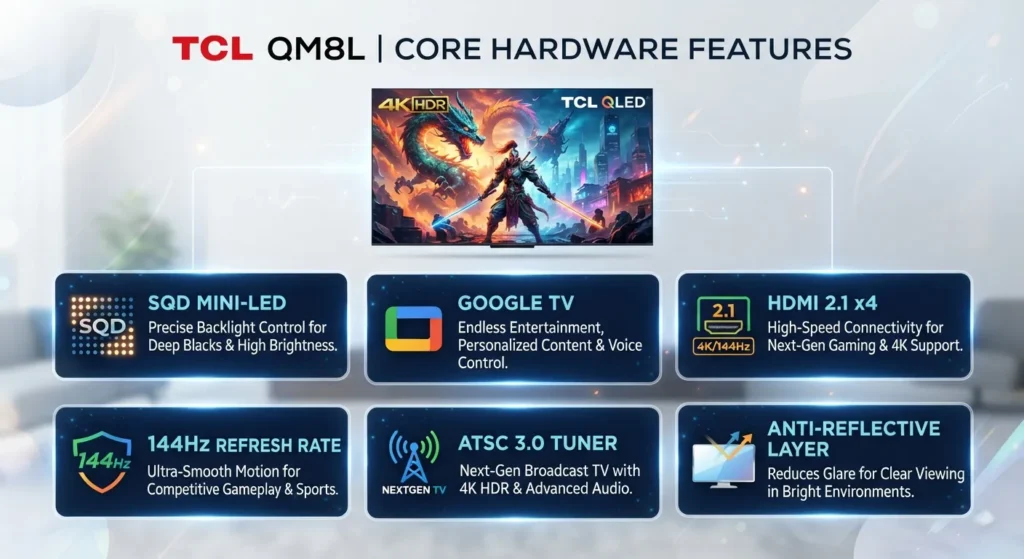 Infographic showing TCL QM8L hardware features.