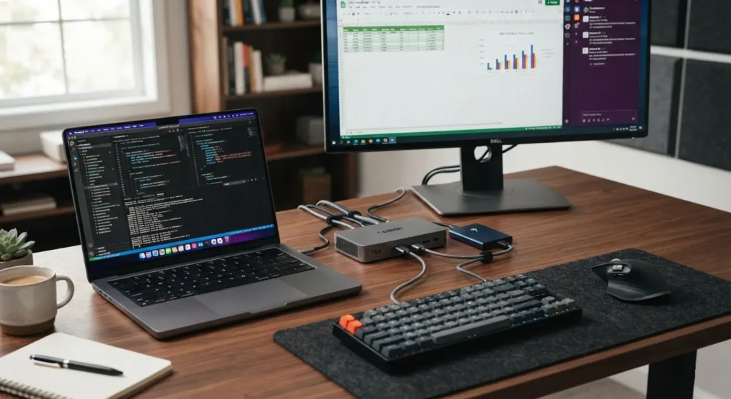 Laptop connected to a Thunderbolt dock with external monitor and peripherals. Remote work hardware upgrades.