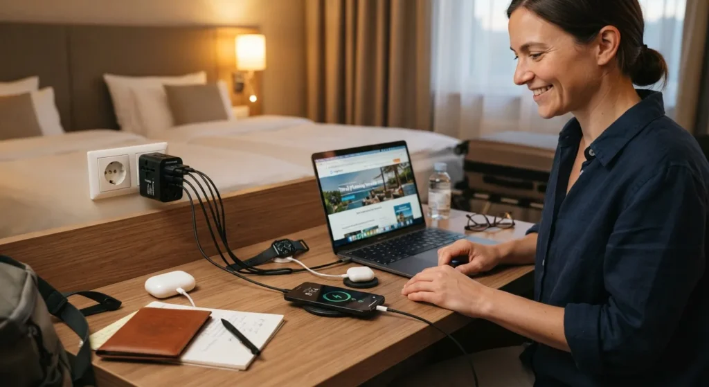 Traveler using a universal travel adapter to charge multiple devices.