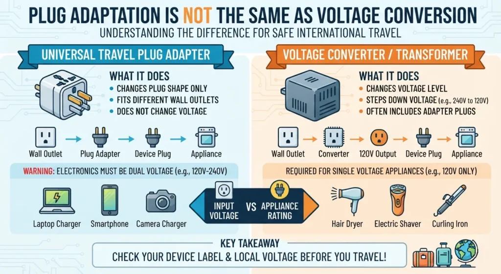 Comparison of a travel plug adapter and a voltage converter.