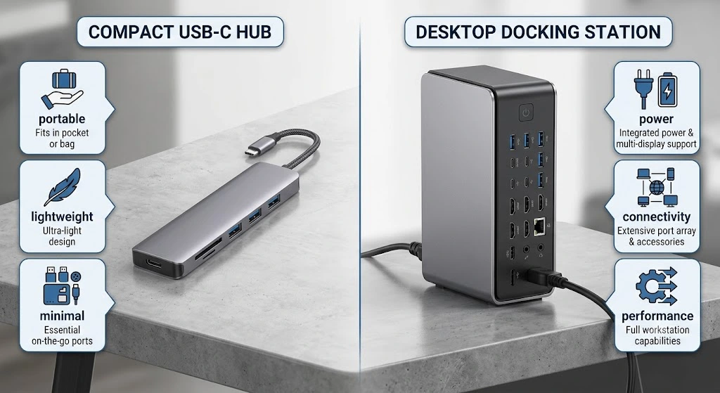 Comparison of a USB-C hub and a desktop docking station.