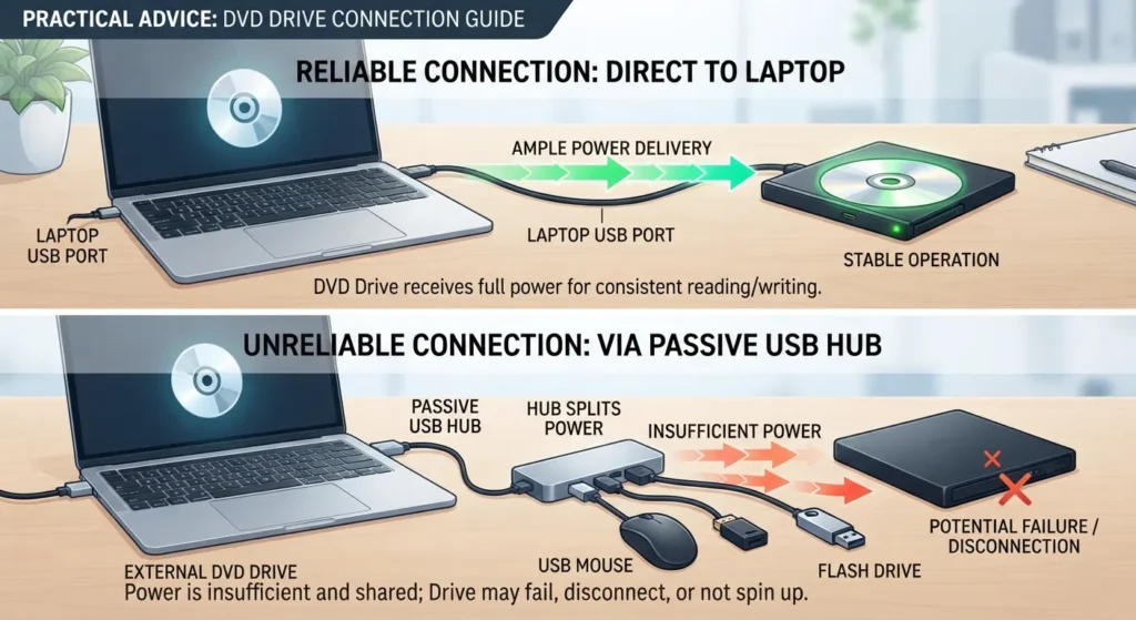 Direct laptop connection compared with USB hub connection.