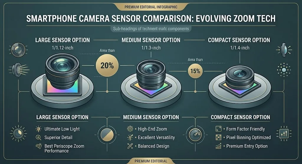 Infographic comparing the three reported Vivo X500 Ultra 200MP camera telephoto sensor sizes.