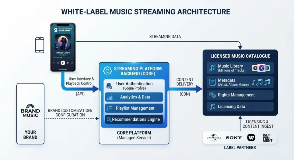 Diagram explaining a white-label music streaming platform.