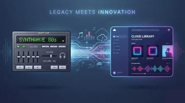 Concept illustration showing Winamp's transition into a streaming platform powered by Deezer technology.