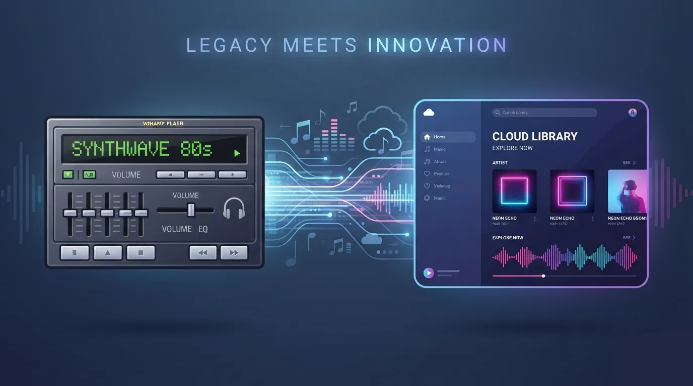 Concept illustration showing Winamp's transition into a streaming platform powered by Deezer technology.