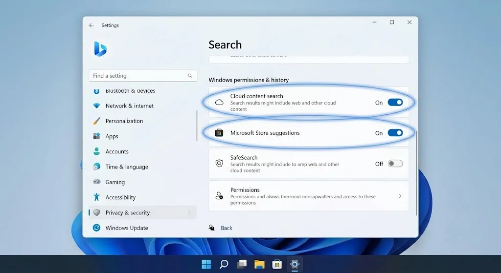 Windows Search settings page.