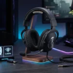Wireless gaming headset showing multiple connectivity options including Bluetooth and wired connections.