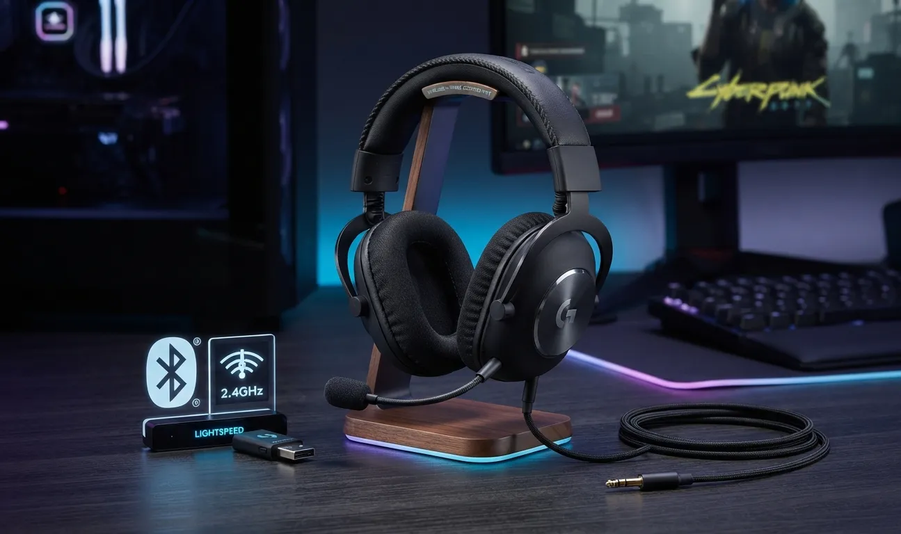 Wireless gaming headset showing multiple connectivity options including Bluetooth and wired connections.