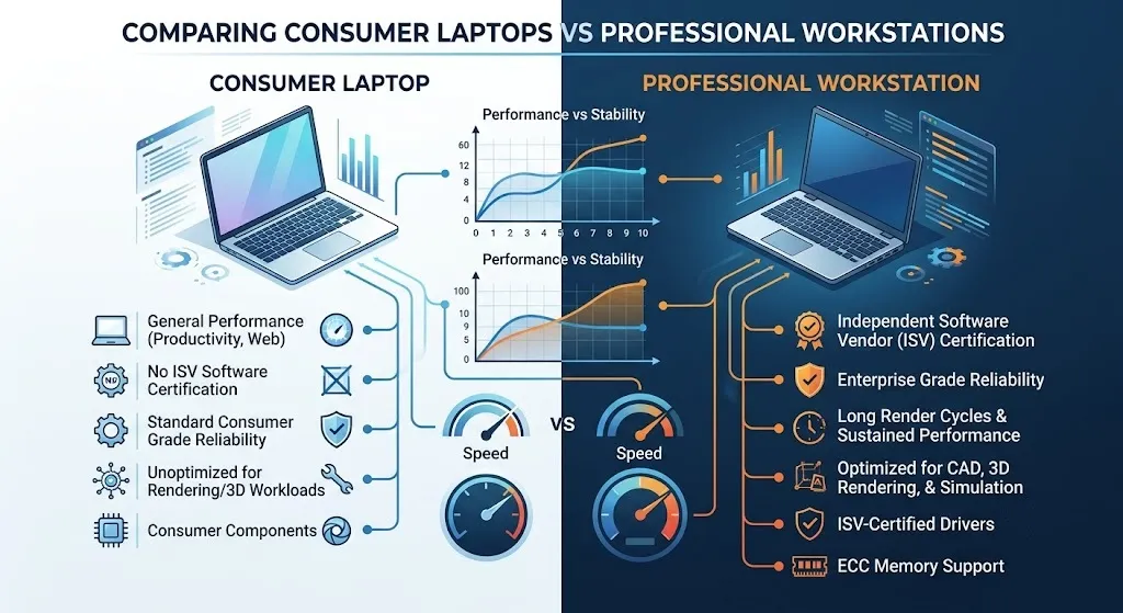 Comparison between consumer laptops and professional workstations.