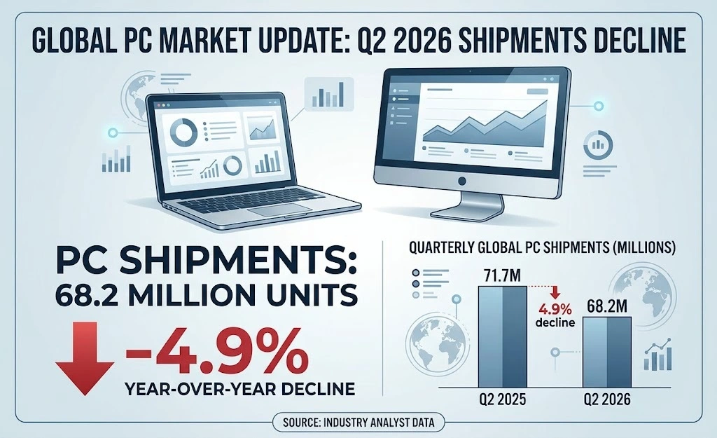 Infographic showing worldwide PC shipments declining 4.9% in Q2 2026.