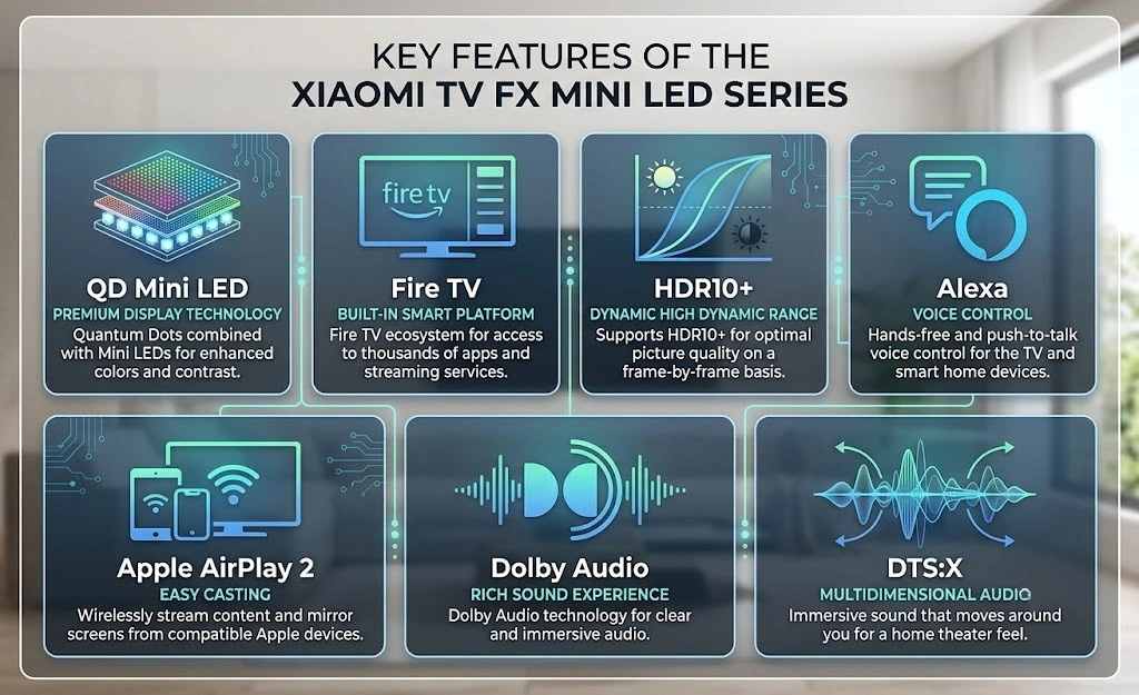 Key features of the Xiaomi TV FX Mini LED Series.